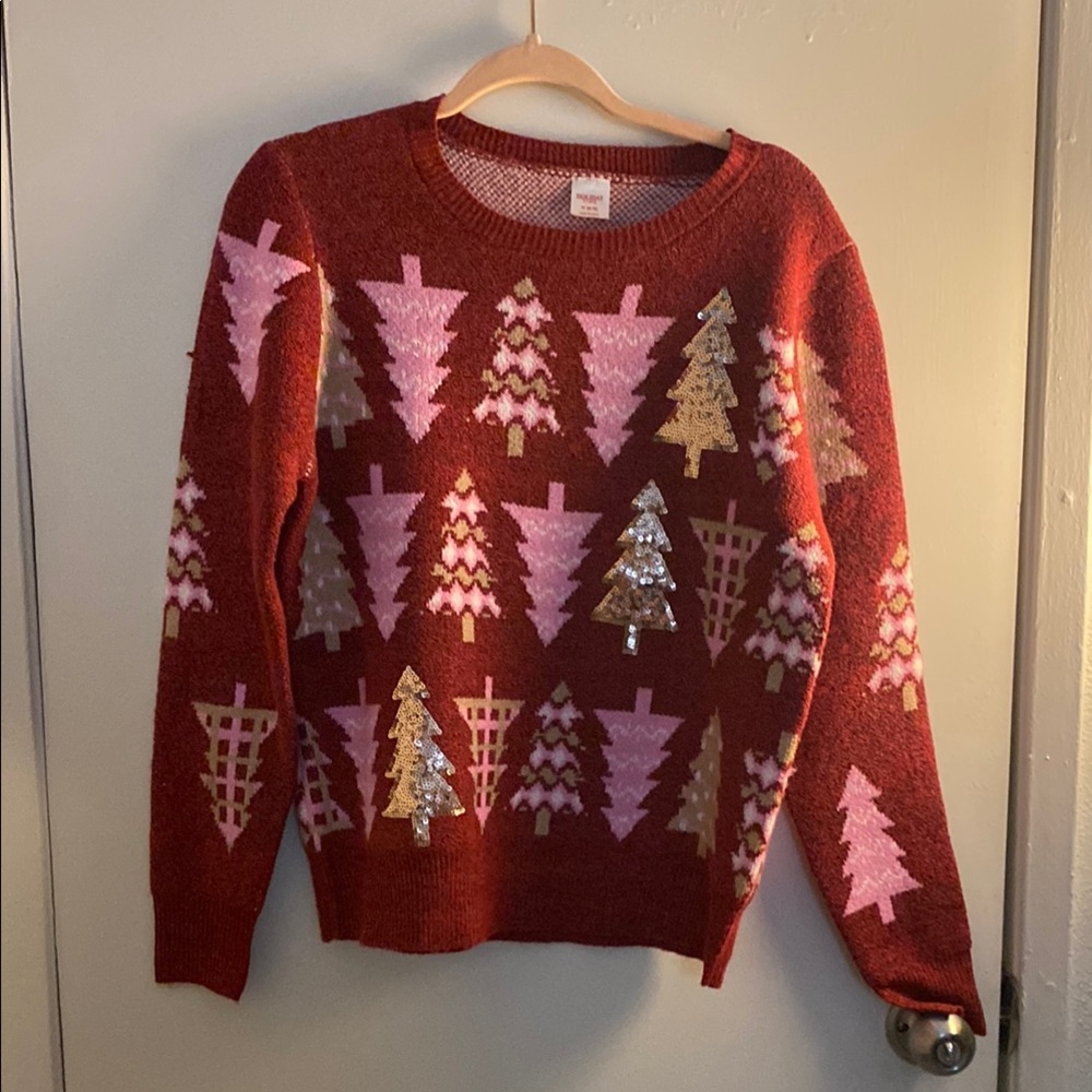 Festive Red Sweater with Tree Patterns